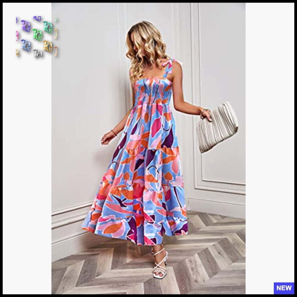 Boho Maxi Dress Summer Casual Flowy Square Neck Spaghetti Strap Ruffle Hem - Picture 4 of 7